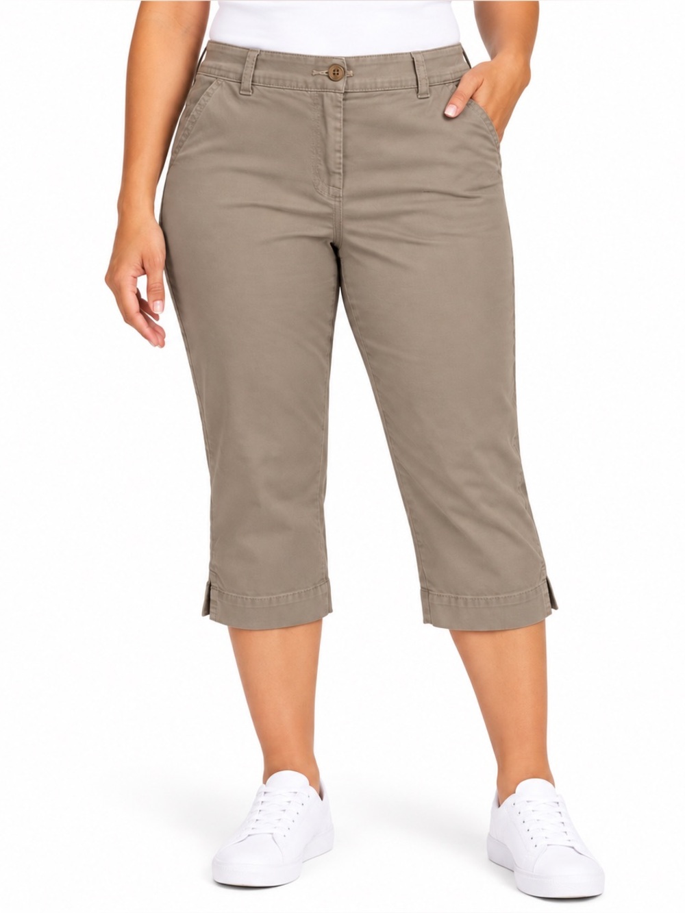 Rafaella Khaki Stretch Cotton Capri Pants Side Slit Pockets Size 6